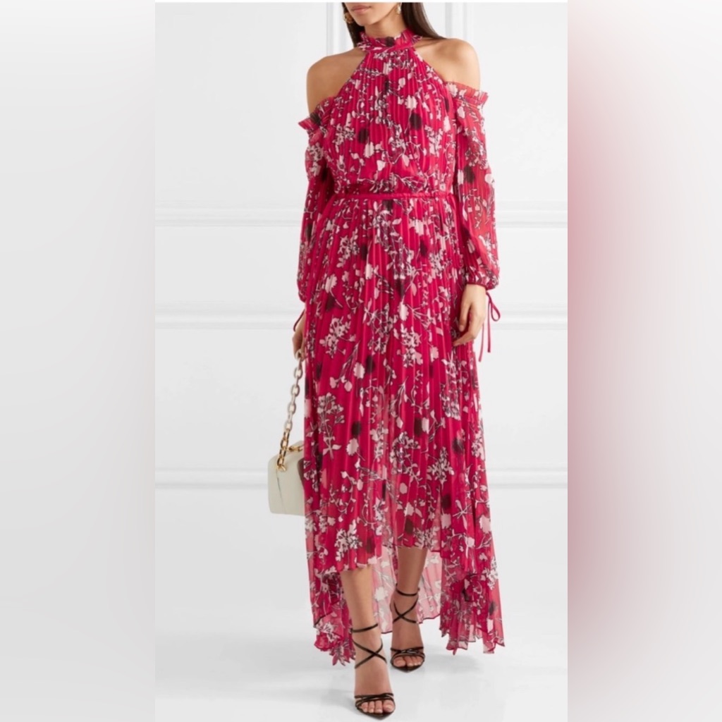 Nwt Self-Portrait Red Floral Cold Shoulder Maxi Dress Hi-Low $784 Romantic Small